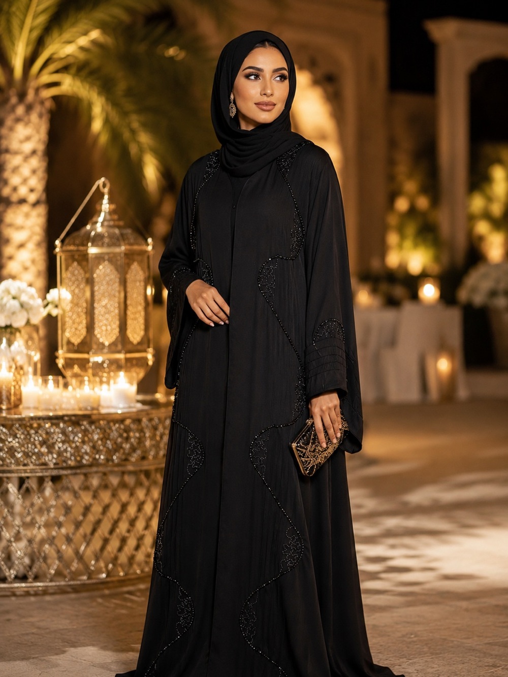 Elegant Black Embellished Abaya Dress with Hijab